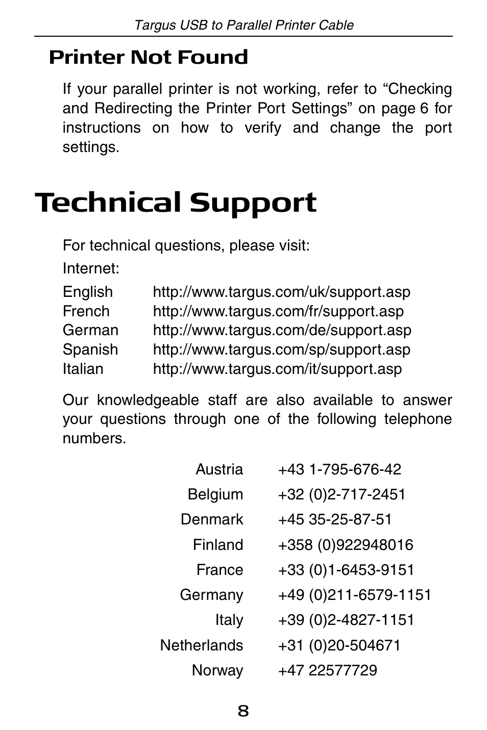 Technical support, Printer not found | Targus PA096E User Manual | Page 8 / 66