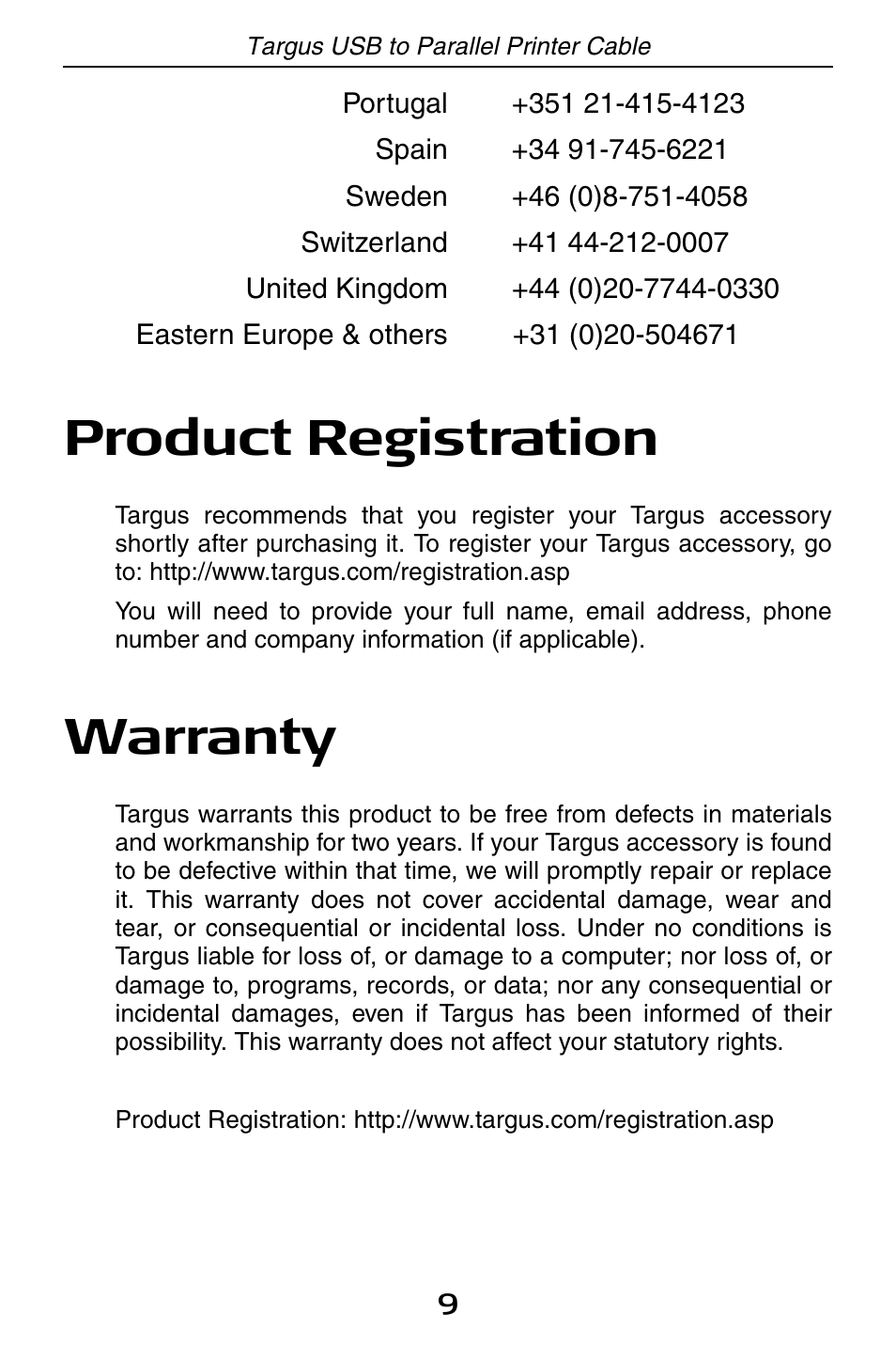 Product registration, Warranty | Targus PA096E User Manual | Page 9 / 66