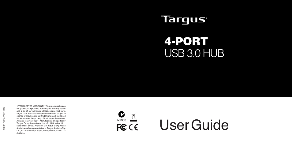 Targus 4-Port USB 3.0 Hub 410-2217-001A User Manual | 3 pages