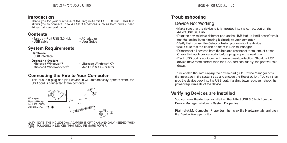 Targus 4-Port USB 3.0 Hub 410-2217-001A User Manual | Page 2 / 3