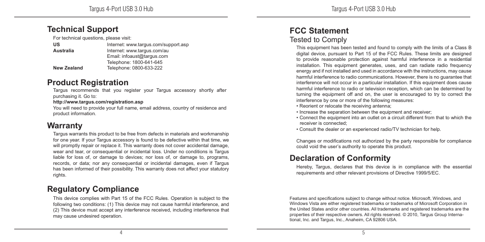 Regulatory compliance, Technical support, Product registration | Warranty, Fcc statement, Declaration of conformity, Tested to comply | Targus 4-Port USB 3.0 Hub 410-2217-001A User Manual | Page 3 / 3