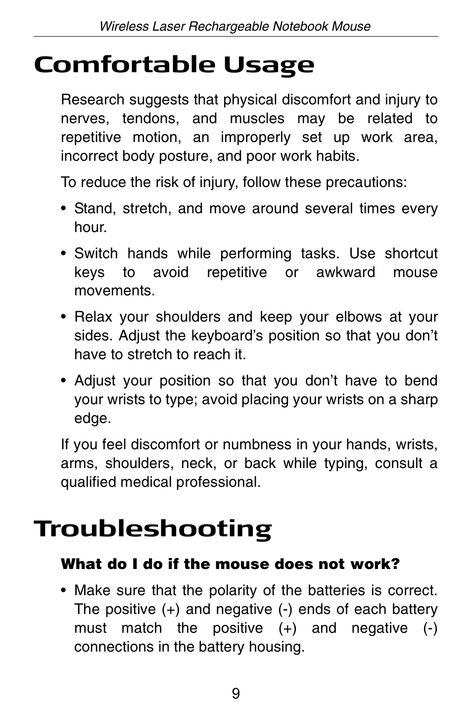 Comfortable usage, Troubleshooting | Targus Wireless Laser Rechargable Notebook Mouse User Manual | Page 10 / 15