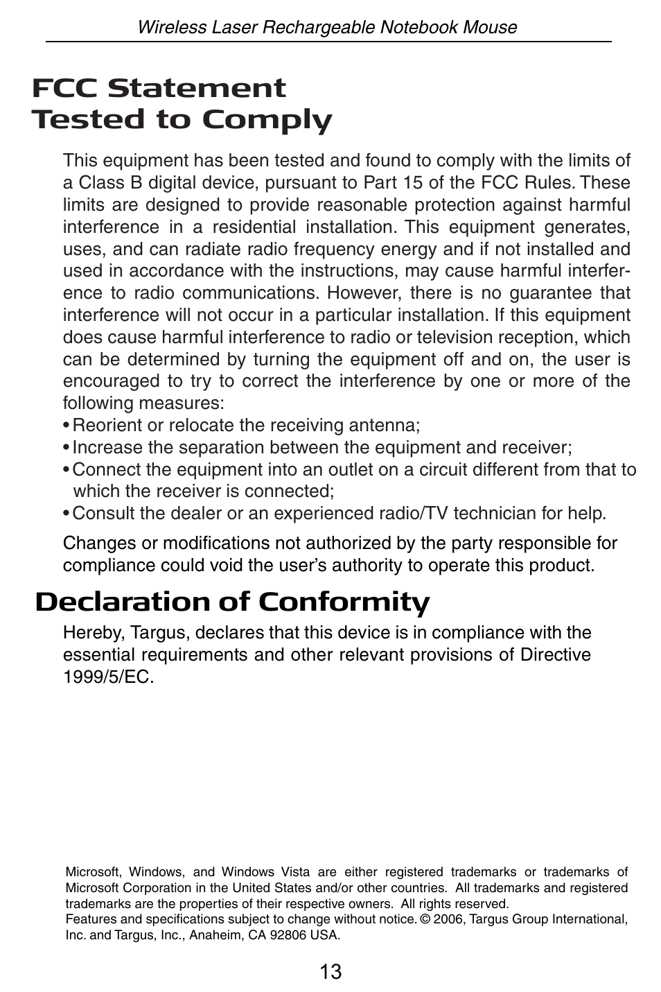 Fcc statement tested to comply, Declaration of conformity | Targus Wireless Laser Rechargable Notebook Mouse User Manual | Page 14 / 15