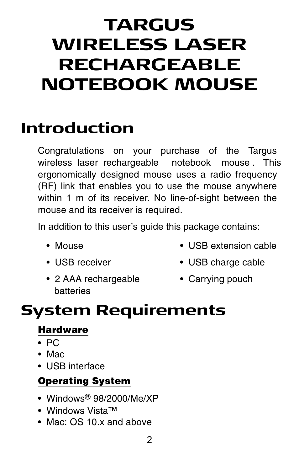 Introduction, System requirements | Targus Wireless Laser Rechargable Notebook Mouse User Manual | Page 3 / 15