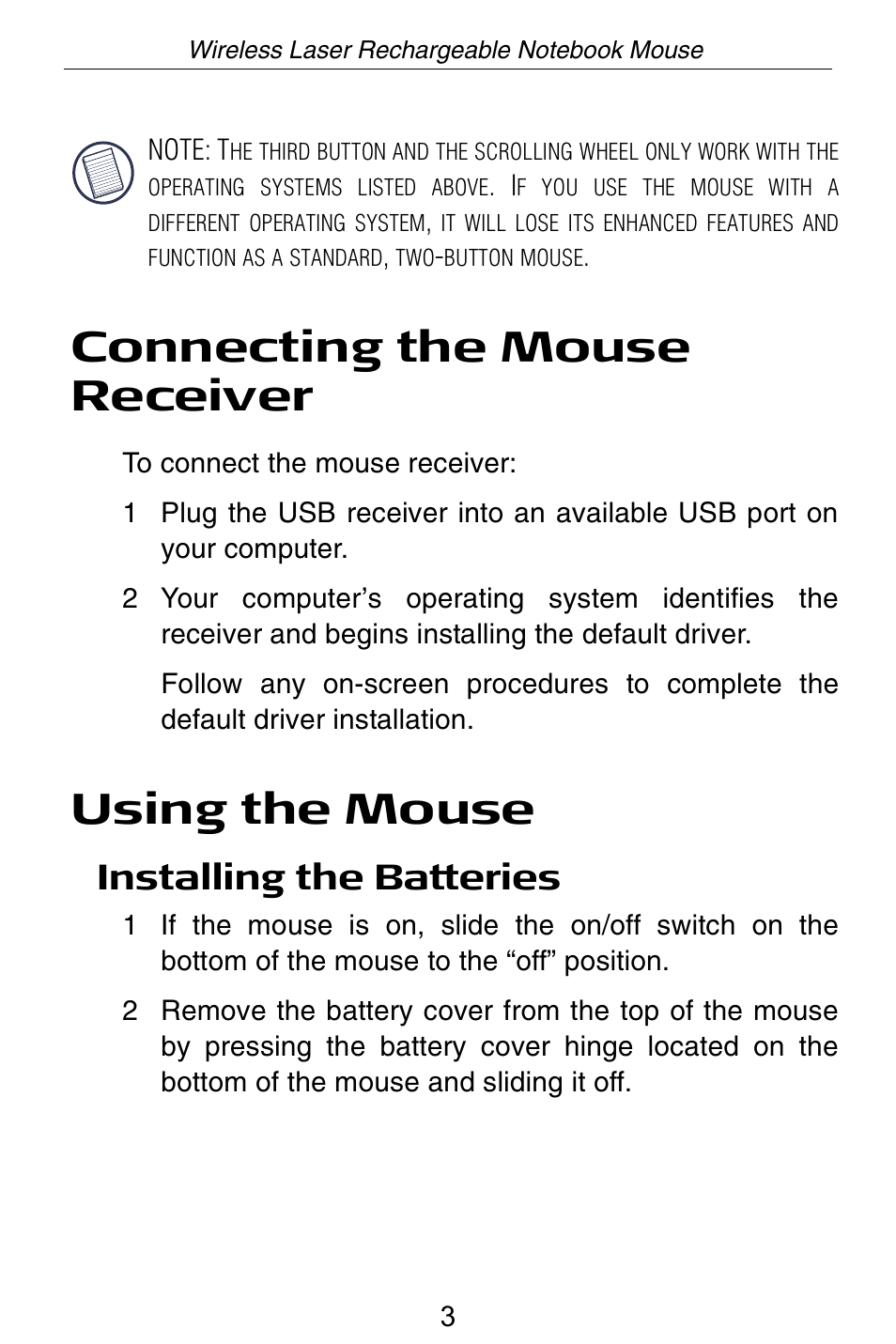 Connecting the mouse receiver, Using the mouse, Installing the batteries | Targus Wireless Laser Rechargable Notebook Mouse User Manual | Page 4 / 15