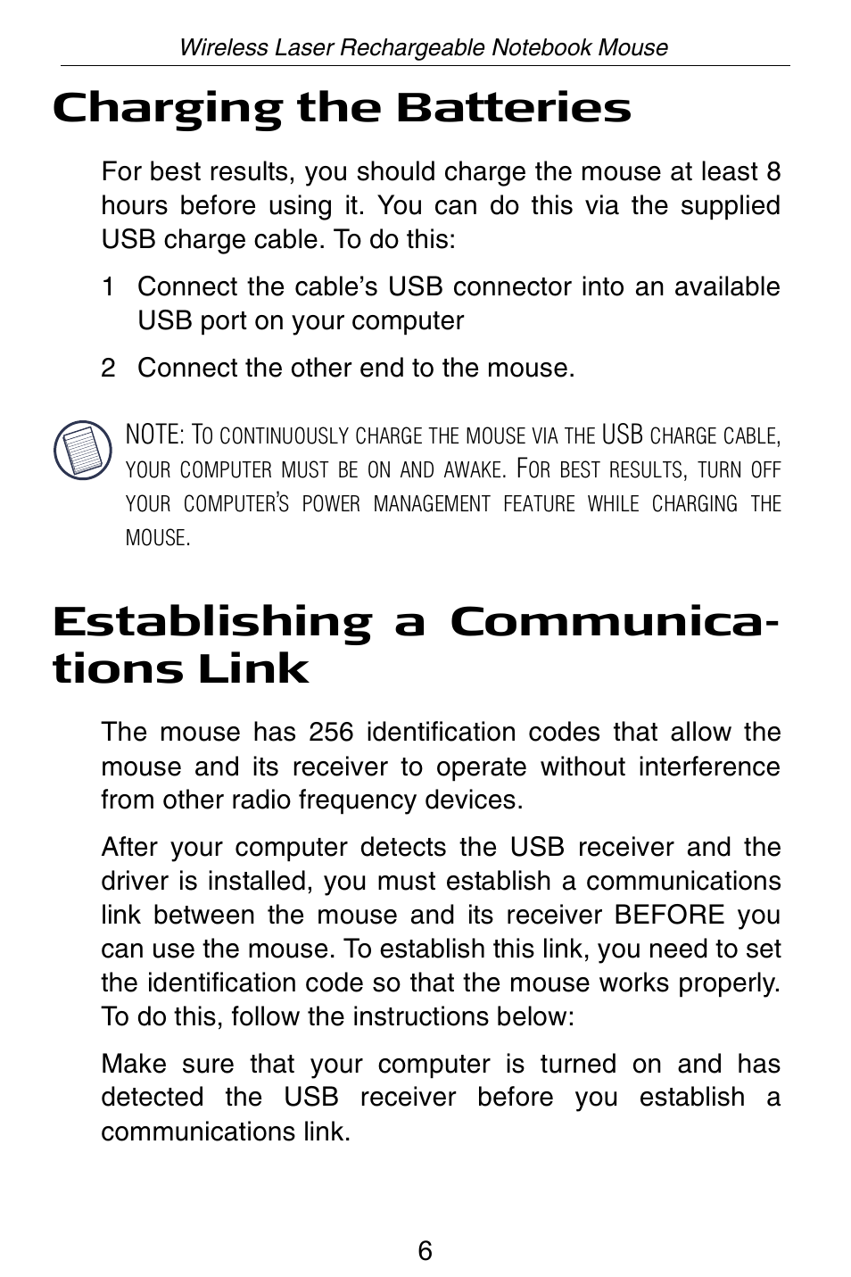 Charging the batteries, Establishing a communica- tions link | Targus Wireless Laser Rechargable Notebook Mouse User Manual | Page 7 / 15