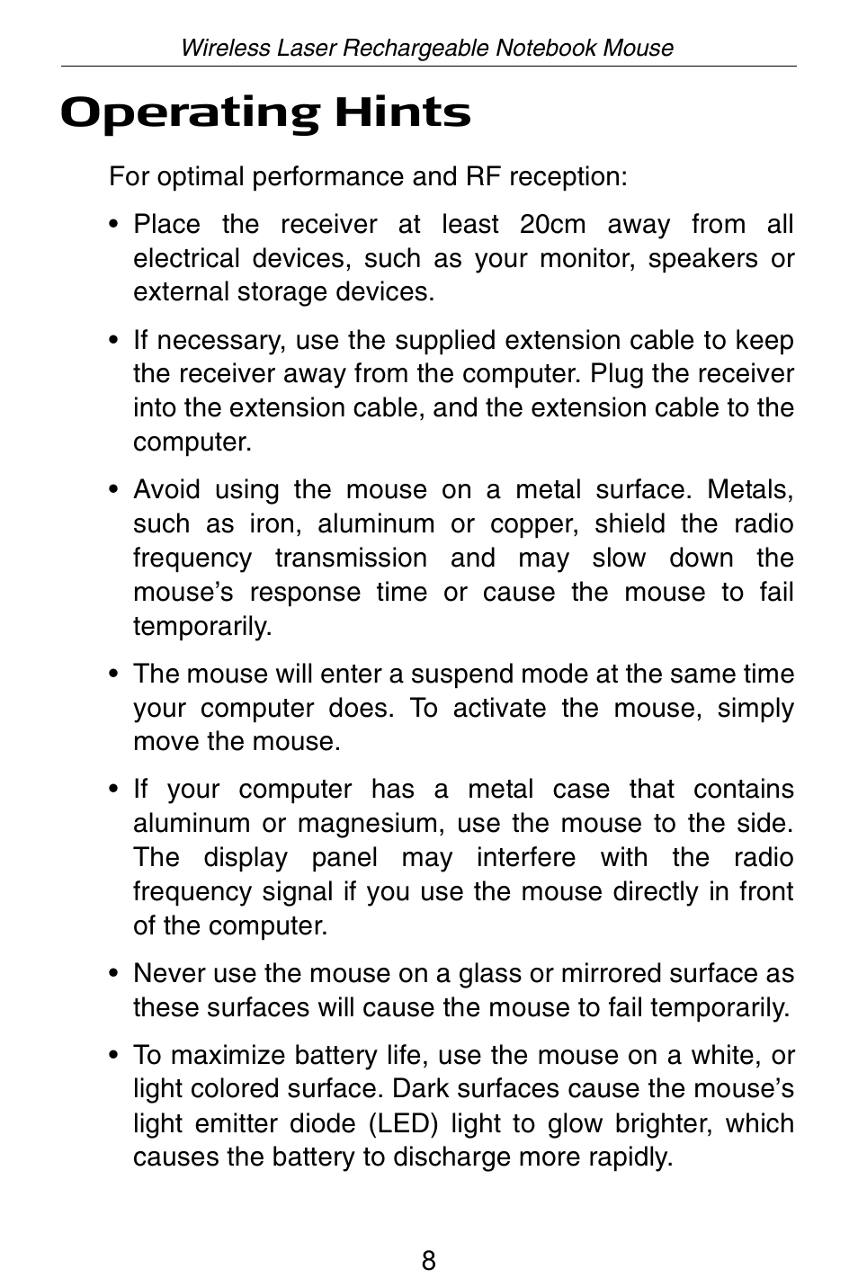 Operating hints | Targus Wireless Laser Rechargable Notebook Mouse User Manual | Page 9 / 15