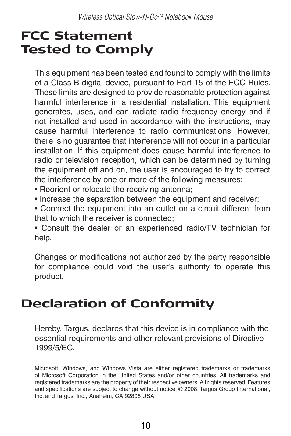 Fcc statement tested to comply, Declaration of conformity | Targus Wireless Optical Stow-N-GoTM Notebook Mouse 30 User Manual | Page 11 / 11