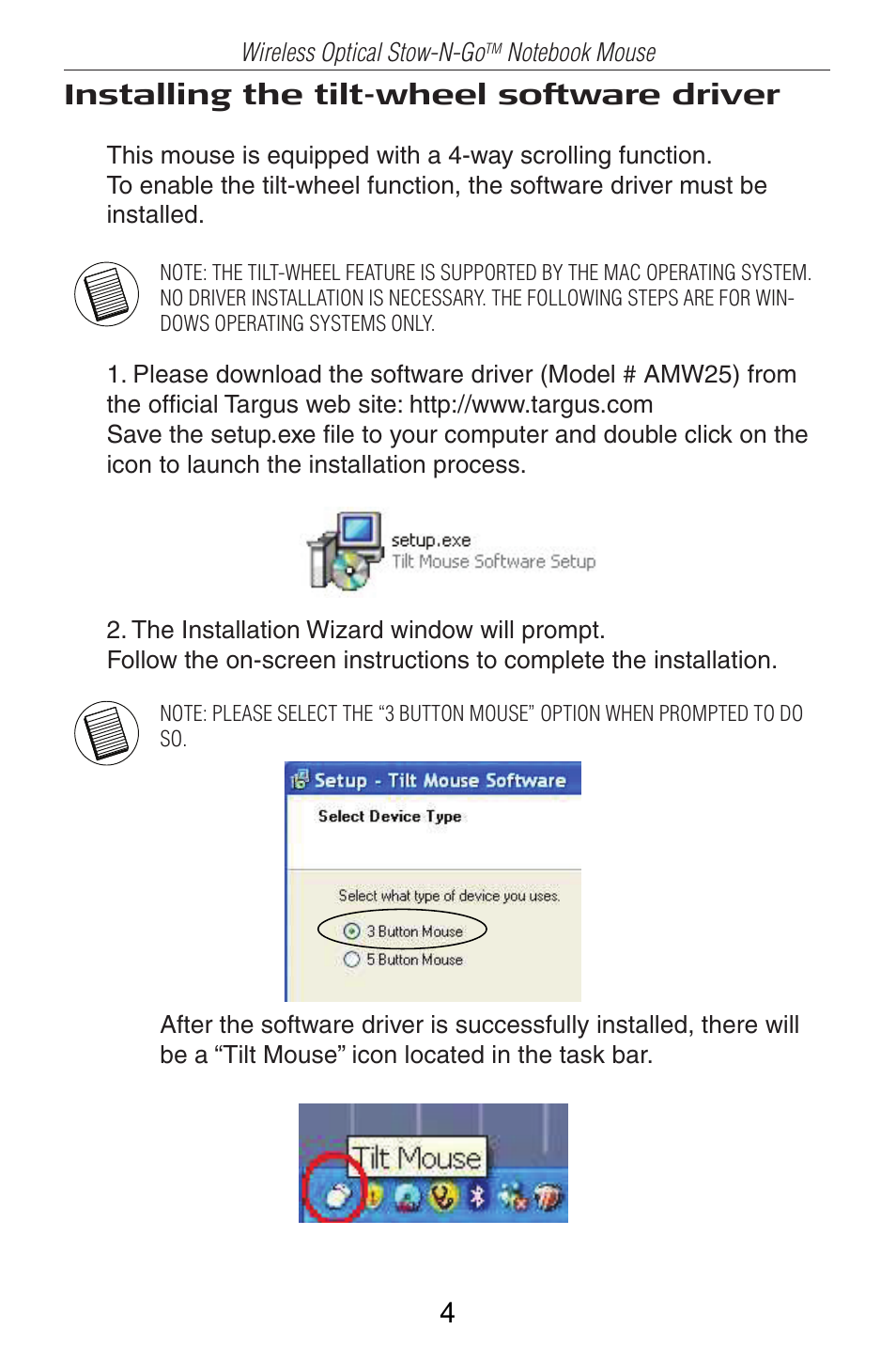 Installing the tilt-wheel software driver | Targus Wireless Optical Stow-N-GoTM Notebook Mouse 30 User Manual | Page 5 / 11