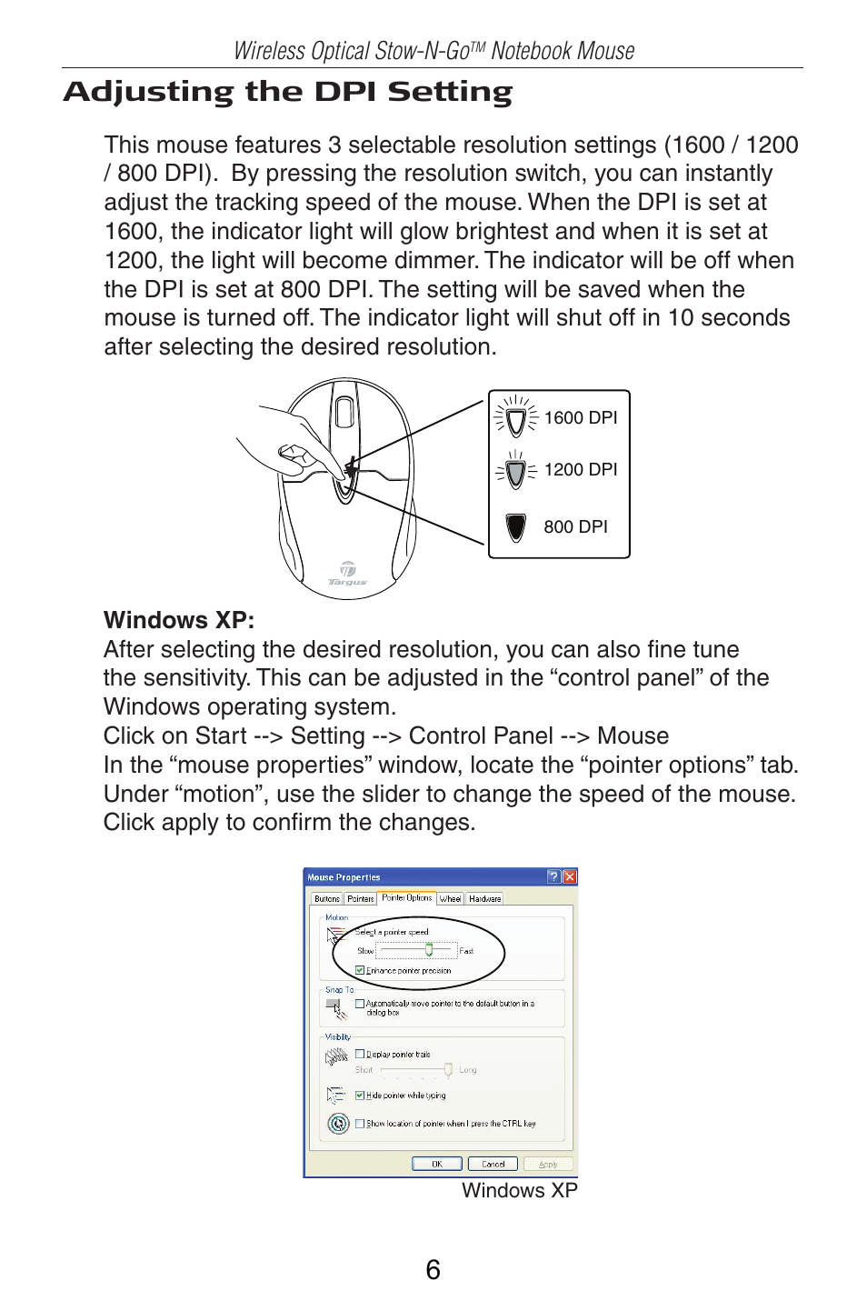 Adjusting the dpi setting | Targus Wireless Optical Stow-N-GoTM Notebook Mouse 30 User Manual | Page 7 / 11
