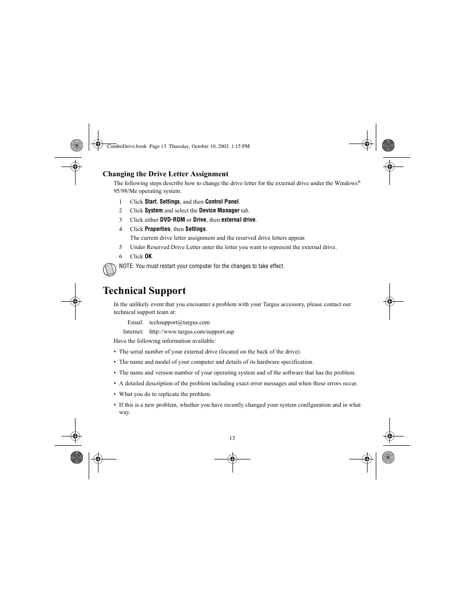 Changing the drive letter assignment, Technical support | Targus Targus User Manual | Page 13 / 15