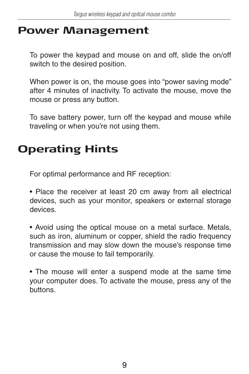 Power management, Operating hints | Targus AKM10US User Manual | Page 10 / 16