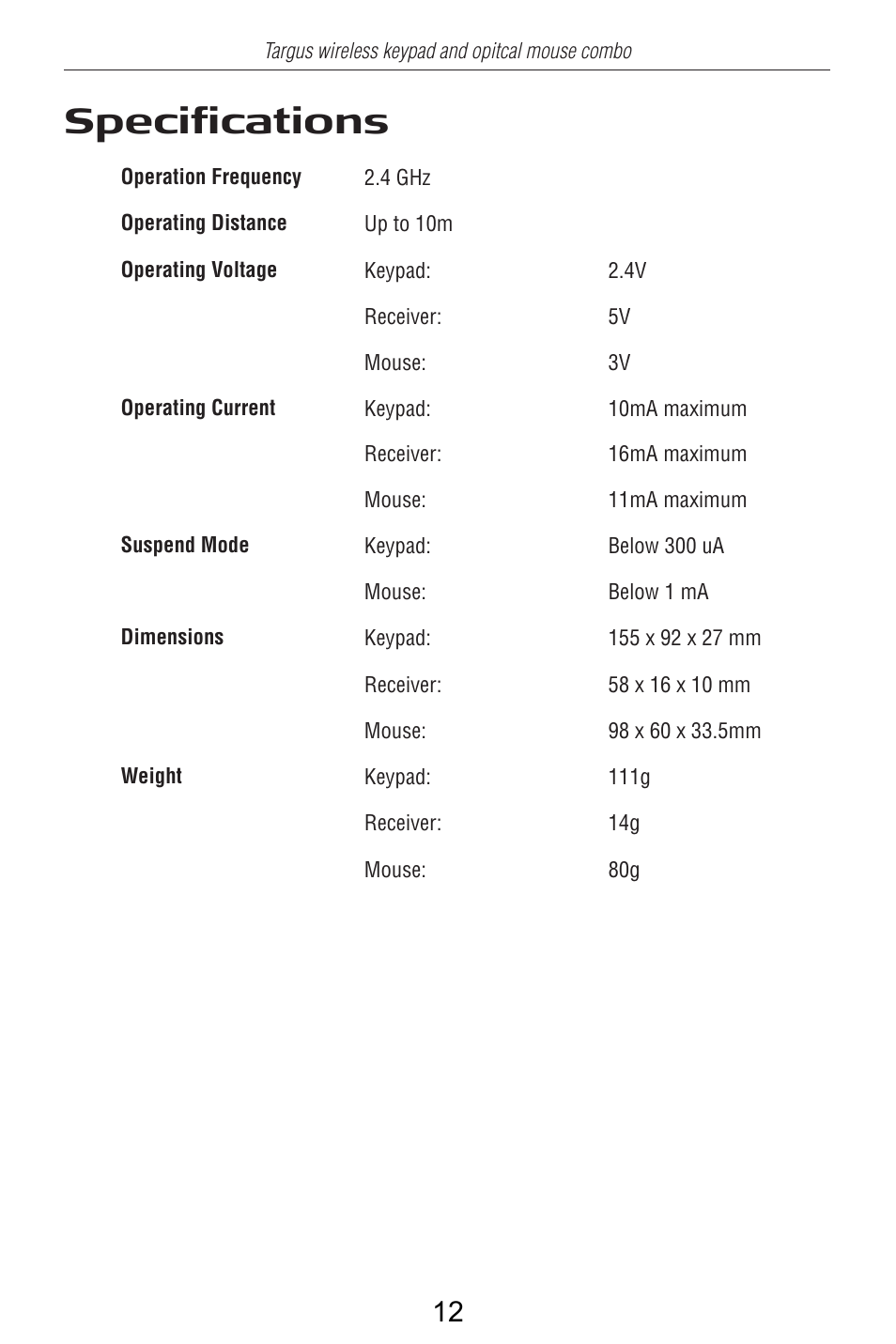 Specifications | Targus AKM10US User Manual | Page 13 / 16