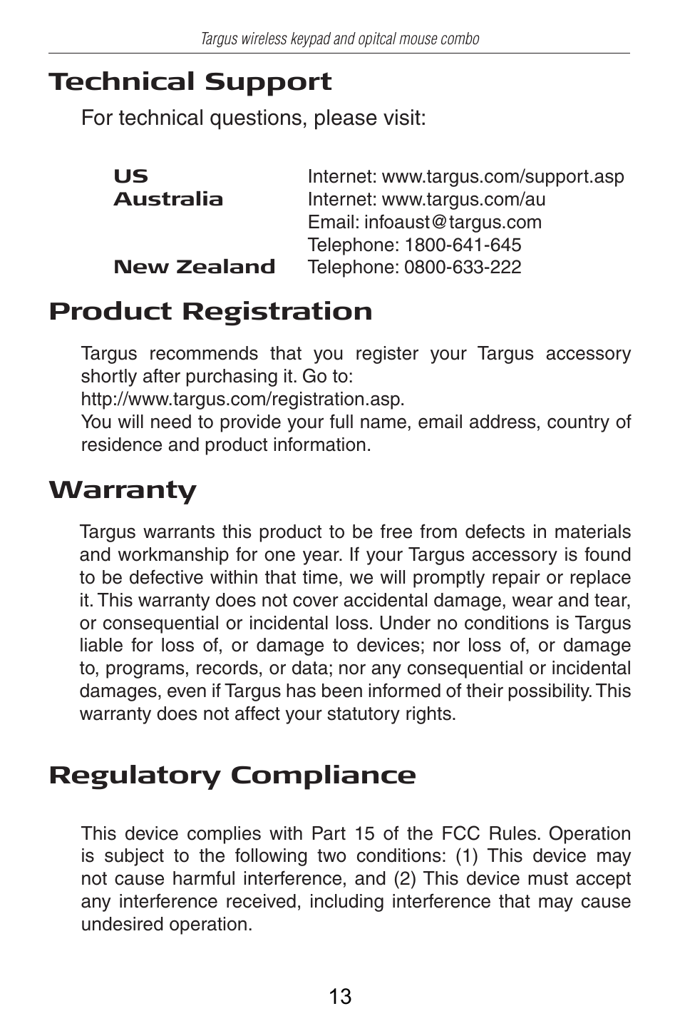 Technical support, Product registration, Warranty | Regulatory compliance | Targus AKM10US User Manual | Page 14 / 16