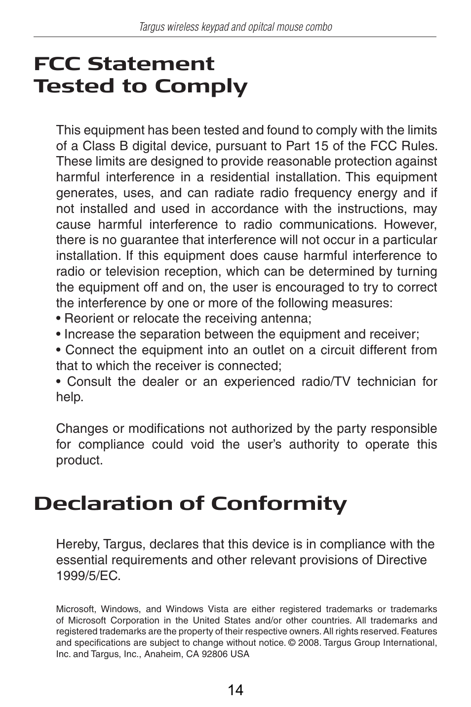 Fcc statement tested to comply, Declaration of conformity | Targus AKM10US User Manual | Page 15 / 16