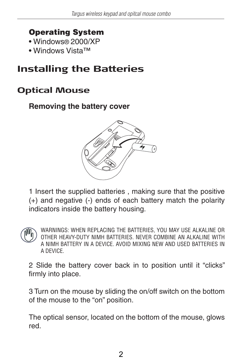 Installing the batteries | Targus AKM10US User Manual | Page 3 / 16