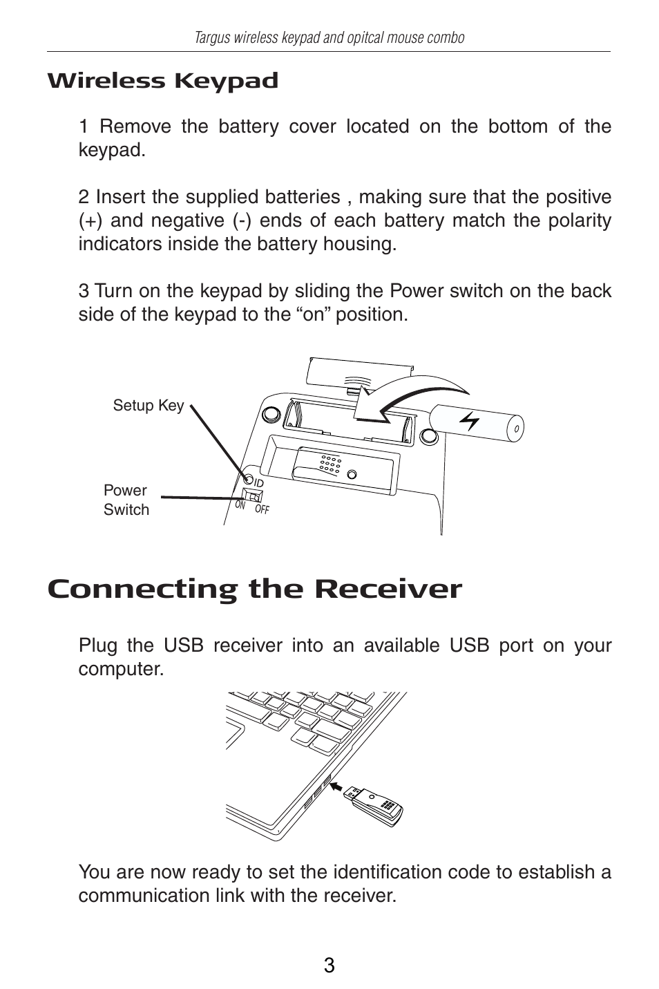 Connecting the receiver | Targus AKM10US User Manual | Page 4 / 16