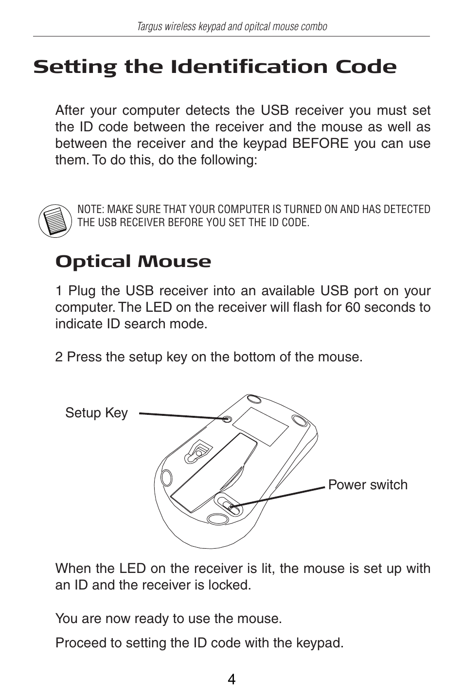 Setting the identification code, Optical mouse | Targus AKM10US User Manual | Page 5 / 16