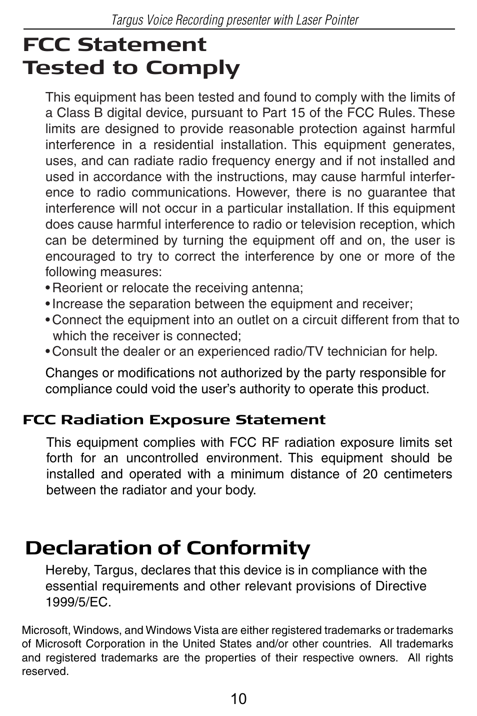 Fcc statement tested to comply, Declaration of conformity | Targus AMP05US User Manual | Page 10 / 10