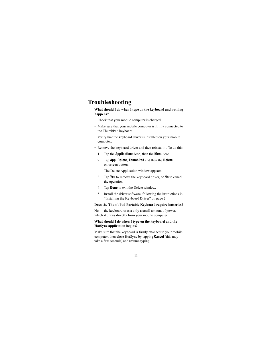 Troubleshooting | Targus ThumbPad Portable Keyboard User Manual | Page 11 / 15