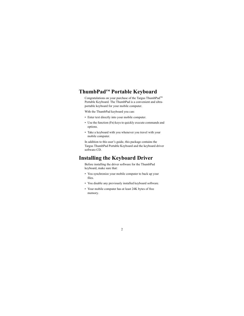 Thumbpad, Portable keyboard, Installing the keyboard driver | Targus ThumbPad Portable Keyboard User Manual | Page 2 / 15