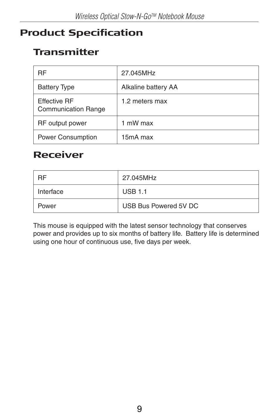 Transmitter receiver, Product specifi cation | Targus AMW25AP User Manual | Page 10 / 56