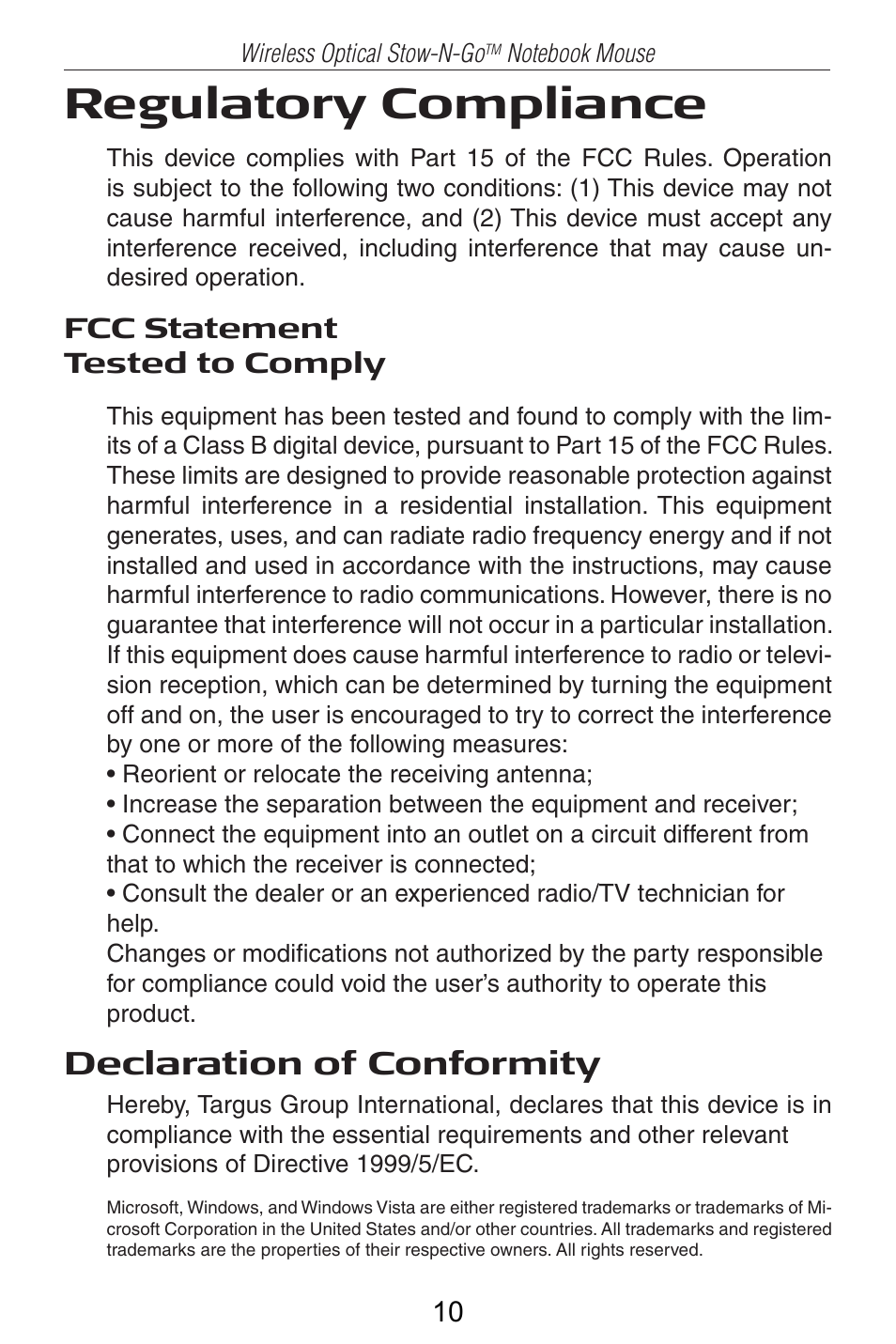 Regulatory compliance, Declaration of conformity | Targus AMW25AP User Manual | Page 11 / 56