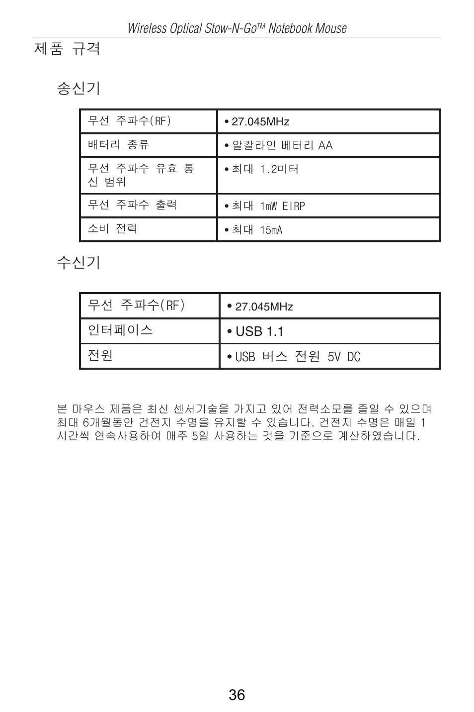 제품 규격 송신기 수신기 | Targus AMW25AP User Manual | Page 37 / 56