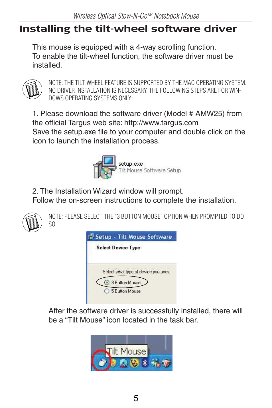 Installing the tilt-wheel software driver | Targus AMW25AP User Manual | Page 6 / 56