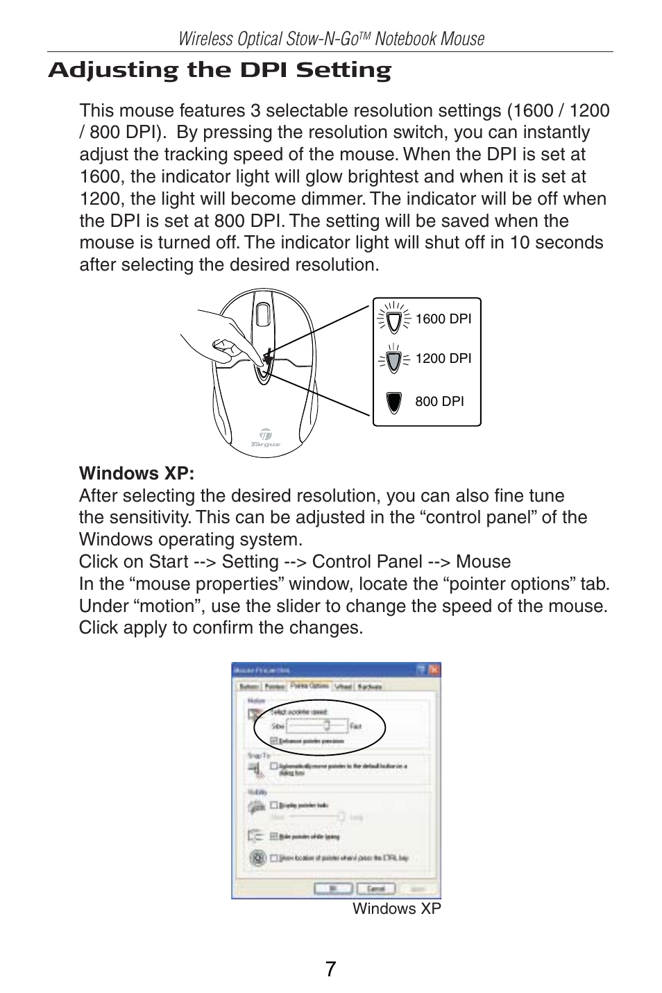 Adjusting the dpi setting | Targus AMW25AP User Manual | Page 8 / 56