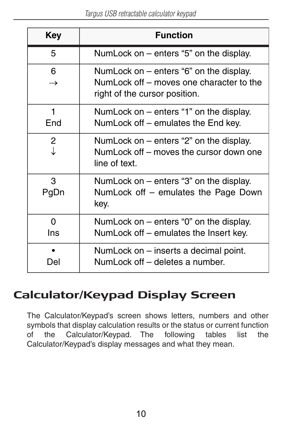 Calculator/keypad display screen | Targus USB Retractable Calculator Keypad User Manual | Page 10 / 15