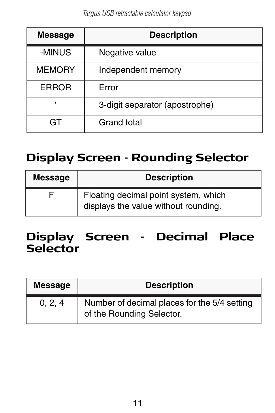 Display screen - rounding selector, Display screen - decimal place selector | Targus USB Retractable Calculator Keypad User Manual | Page 11 / 15