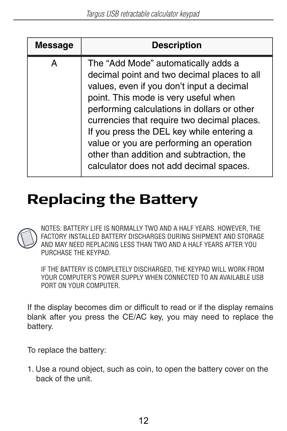 Replacing the battery | Targus USB Retractable Calculator Keypad User Manual | Page 12 / 15