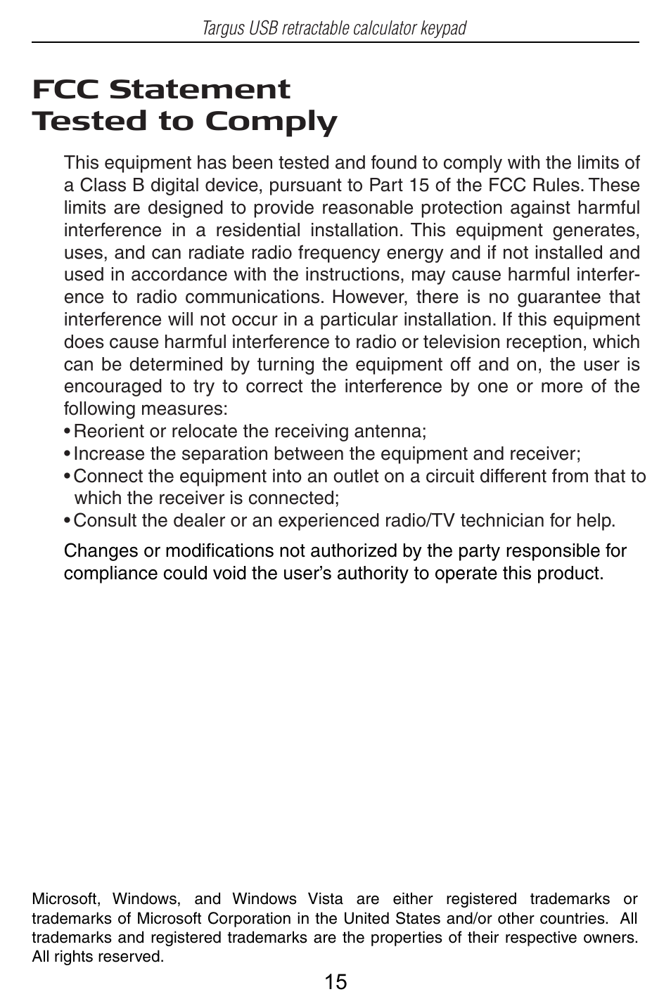Fcc statement tested to comply | Targus USB Retractable Calculator Keypad User Manual | Page 15 / 15