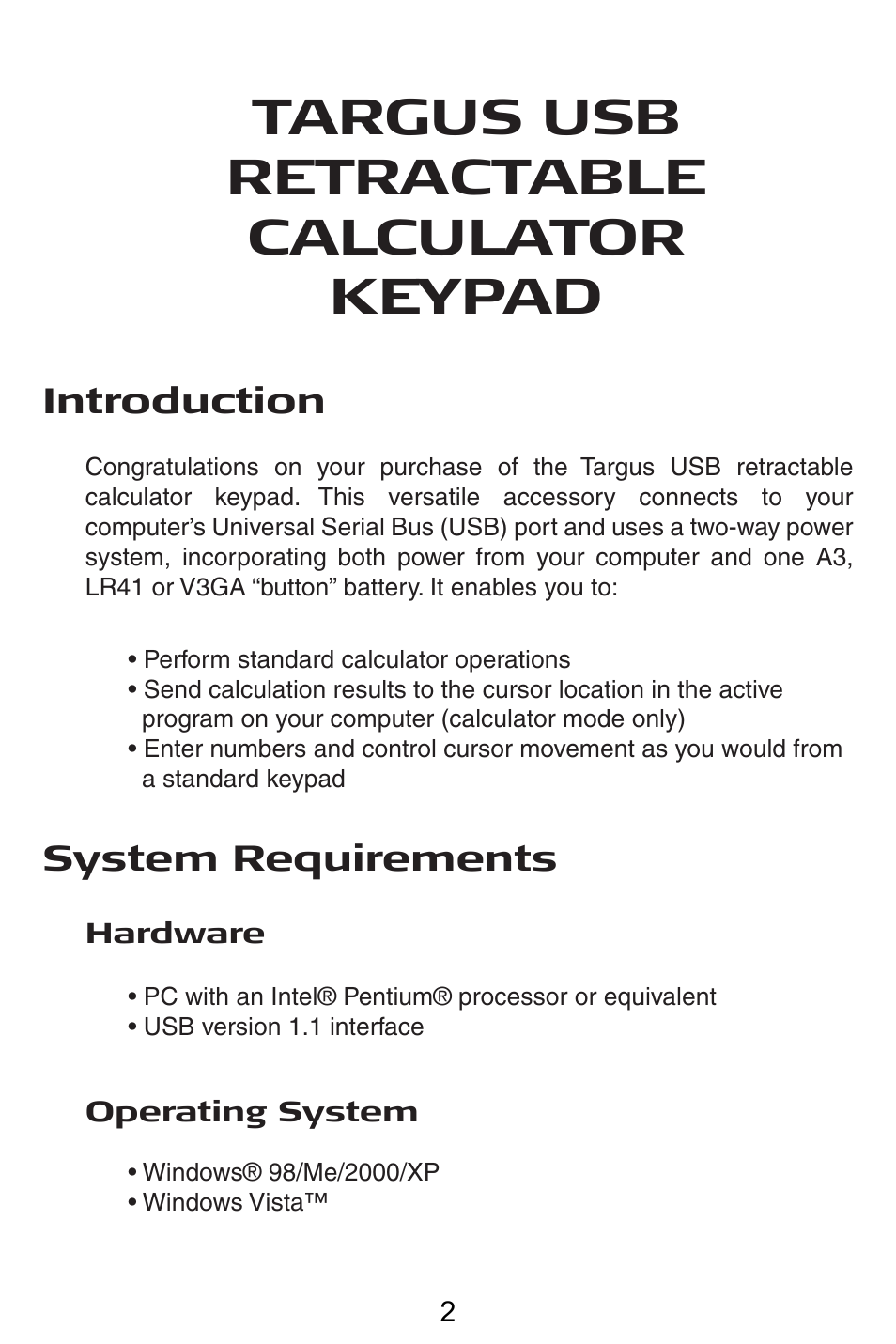 Targus usb retractable calculator keypad | Targus USB Retractable Calculator Keypad User Manual | Page 2 / 15