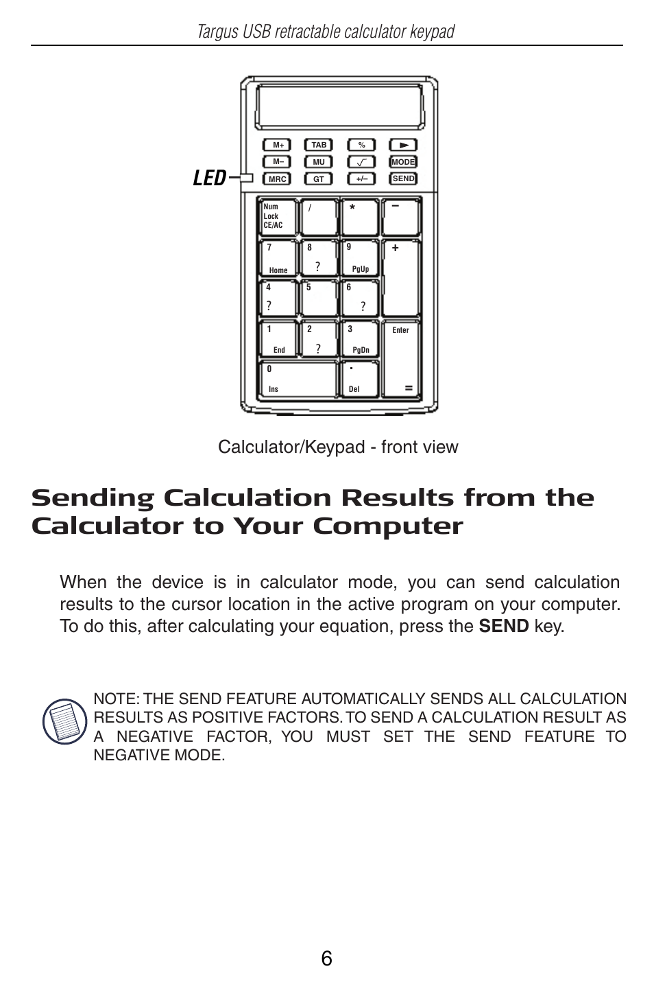 Targus usb retractable calculator keypad, Calculator/keypad - front view | Targus USB Retractable Calculator Keypad User Manual | Page 6 / 15