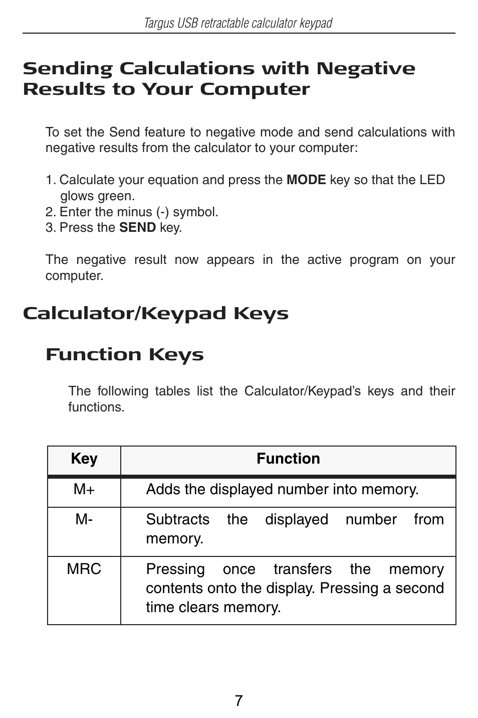 Calculator/keypad keys function keys | Targus USB Retractable Calculator Keypad User Manual | Page 7 / 15