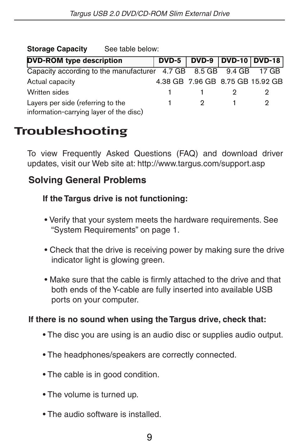 Troubleshooting, Solving general problems | Targus USB 2.0 DVD/CD-ROM Slim External Drive User Manual | Page 10 / 12