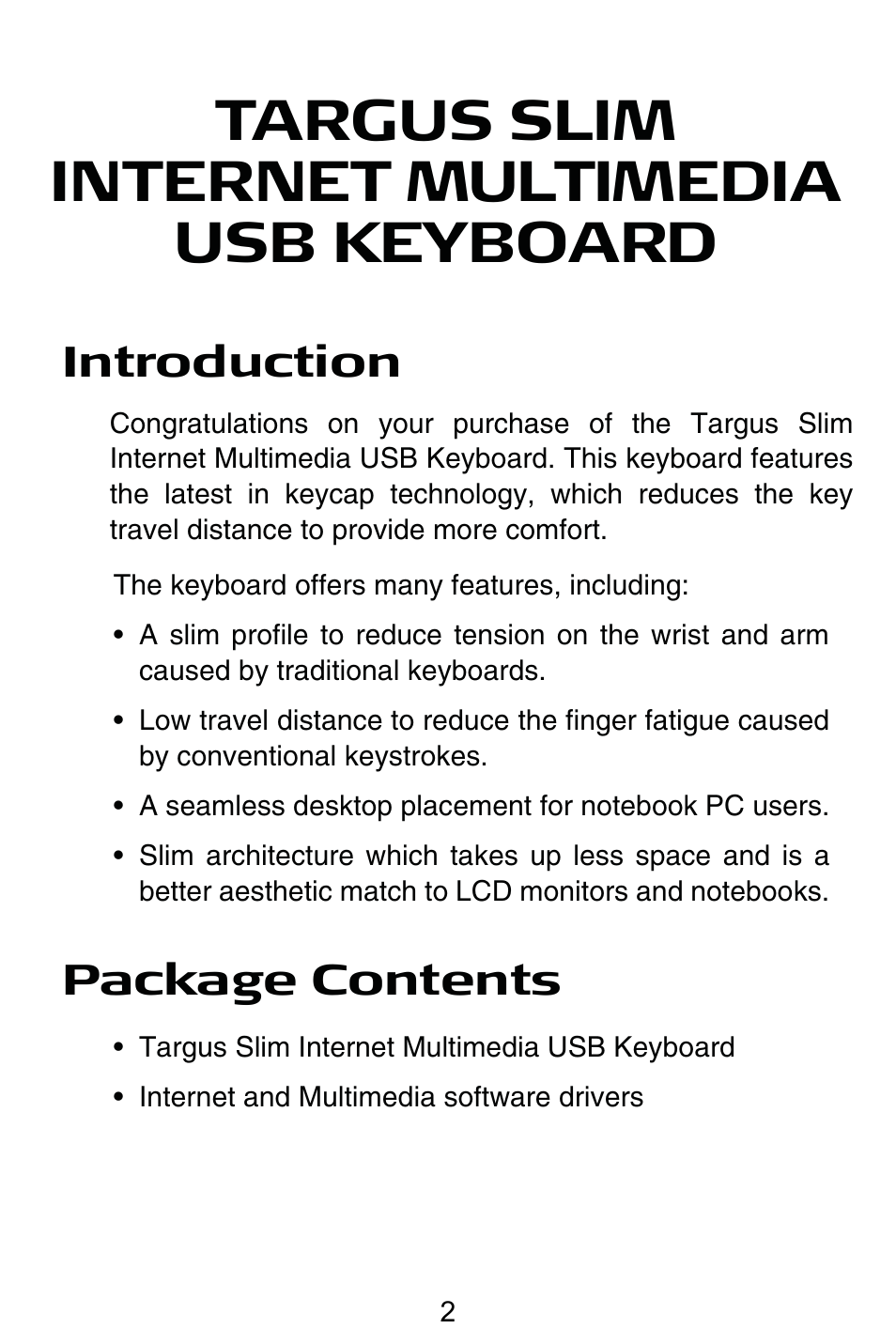 Targus slim internet multimedia usb keyboard, Introduction, Package contents | Targus internet multimedia USB keyboard User Manual | Page 3 / 8