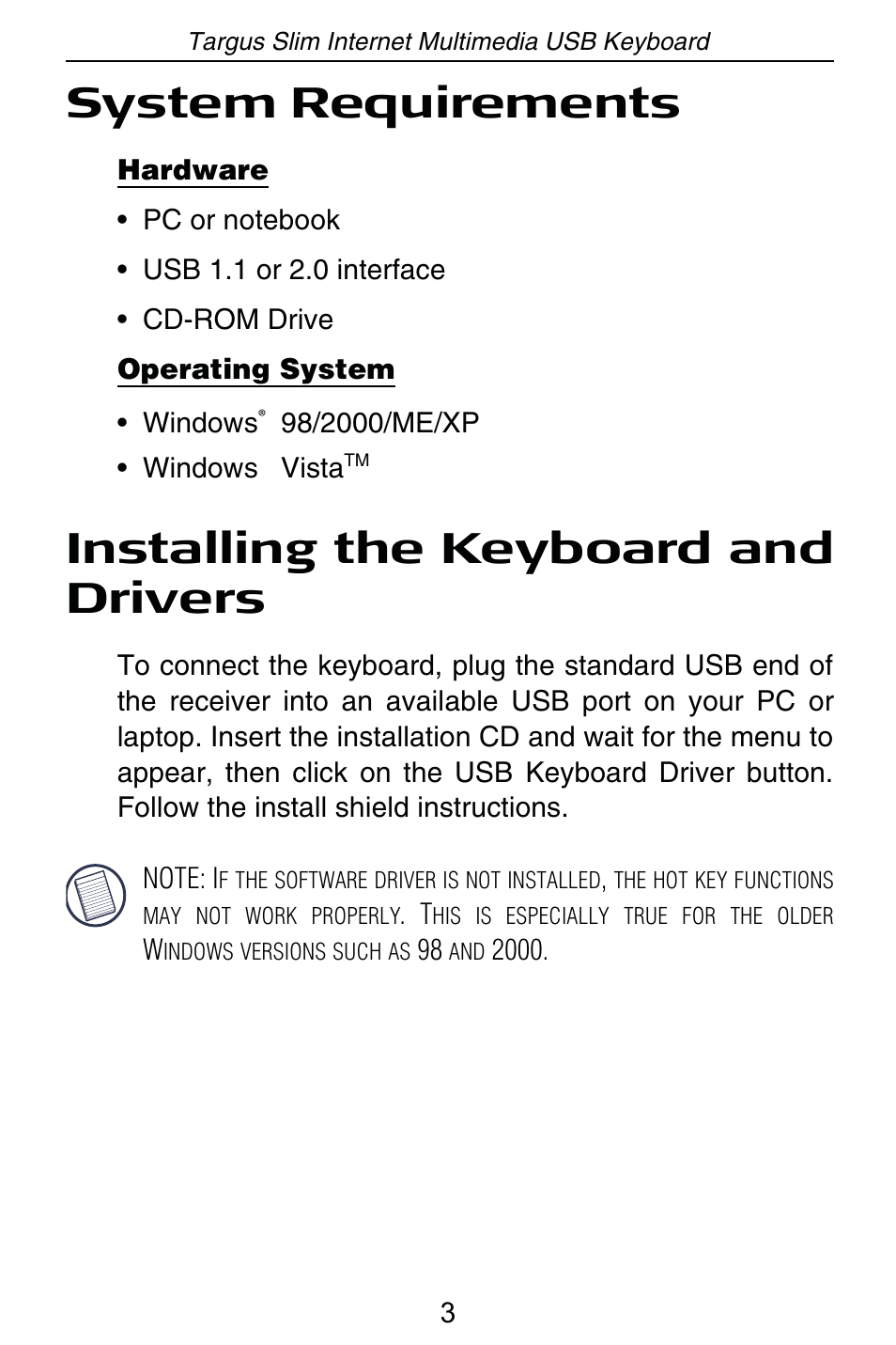 System requirements, Installing the keyboard and drivers | Targus internet multimedia USB keyboard User Manual | Page 4 / 8