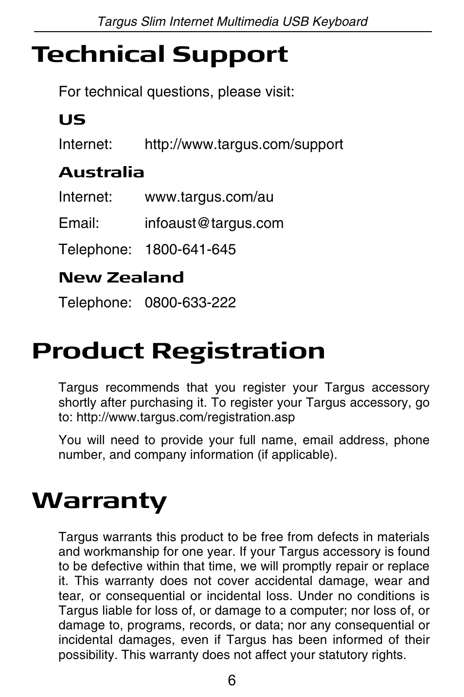 Technical support, Product registration, Warranty | Targus internet multimedia USB keyboard User Manual | Page 7 / 8