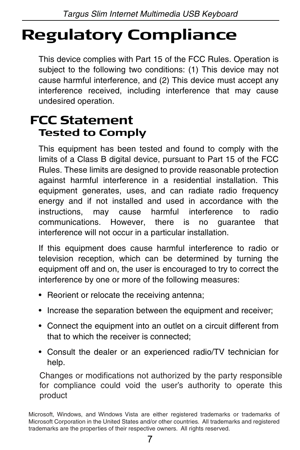 Regulatory compliance, Fcc statement | Targus internet multimedia USB keyboard User Manual | Page 8 / 8