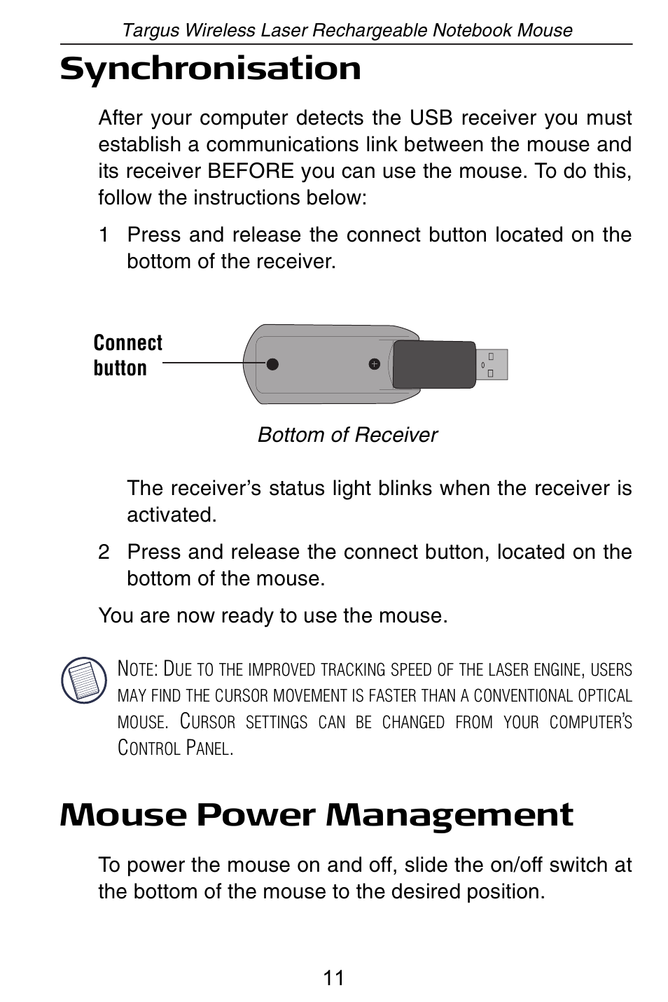 Synchronisation, Mouse power management | Targus AMW15EU User Manual | Page 11 / 259