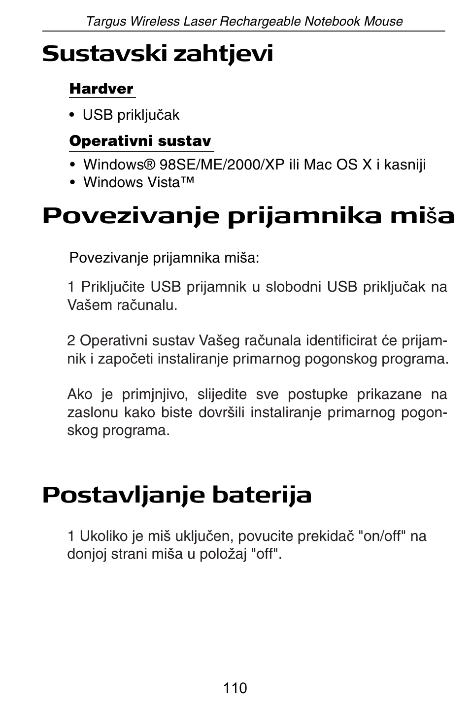 Sustavski zahtjevi, Povezivanje prijamnika mi š a, Postavljanje baterija | Targus AMW15EU User Manual | Page 110 / 259