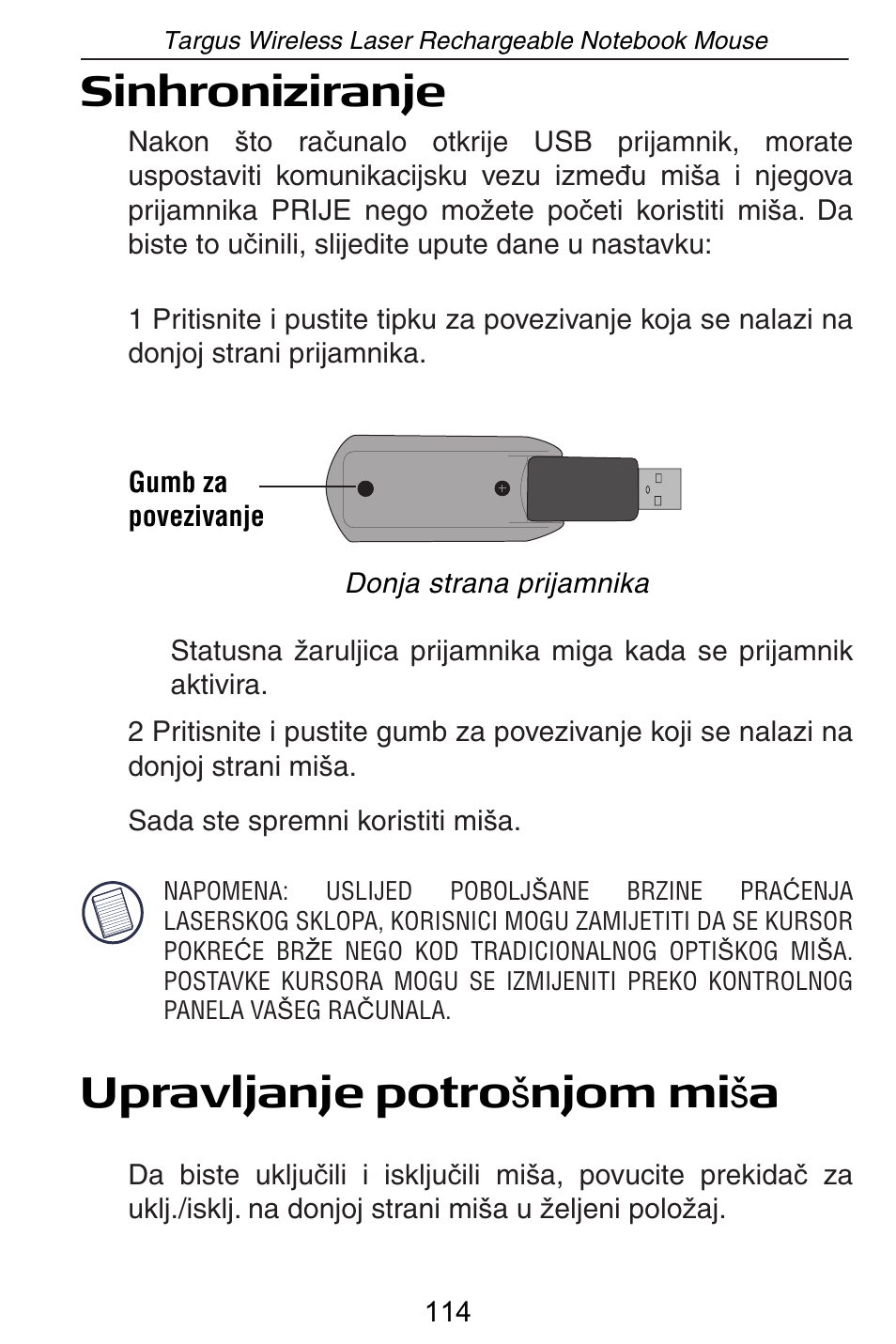 Sinhroniziranje, Upravljanje potro š njom mi š a | Targus AMW15EU User Manual | Page 114 / 259
