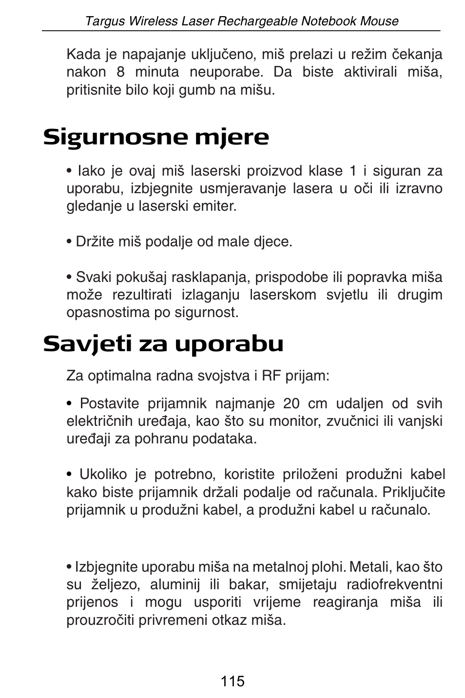 Sigurnosne mjere savjeti za uporabu | Targus AMW15EU User Manual | Page 115 / 259