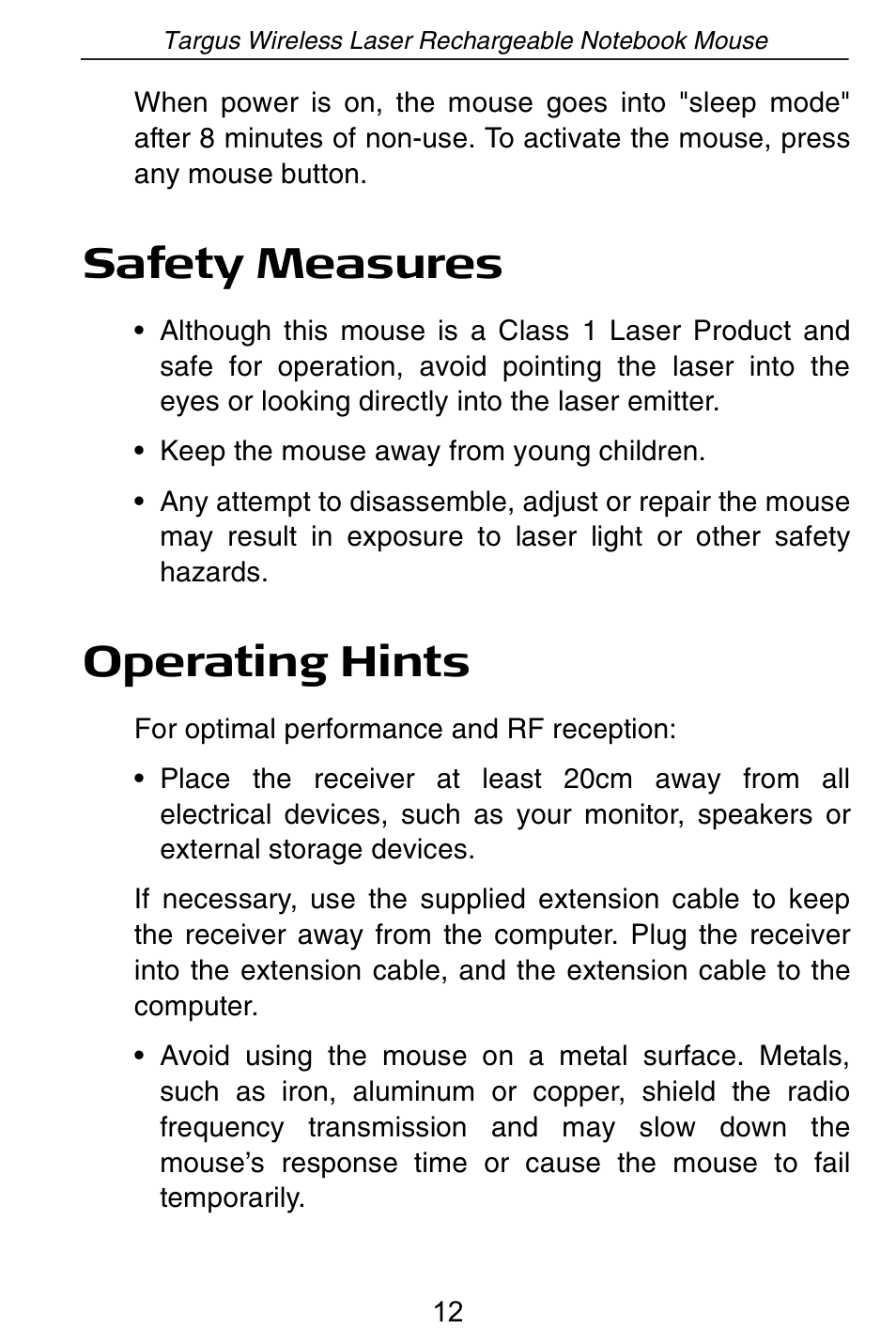 Safety measures, Operating hints | Targus AMW15EU User Manual | Page 12 / 259