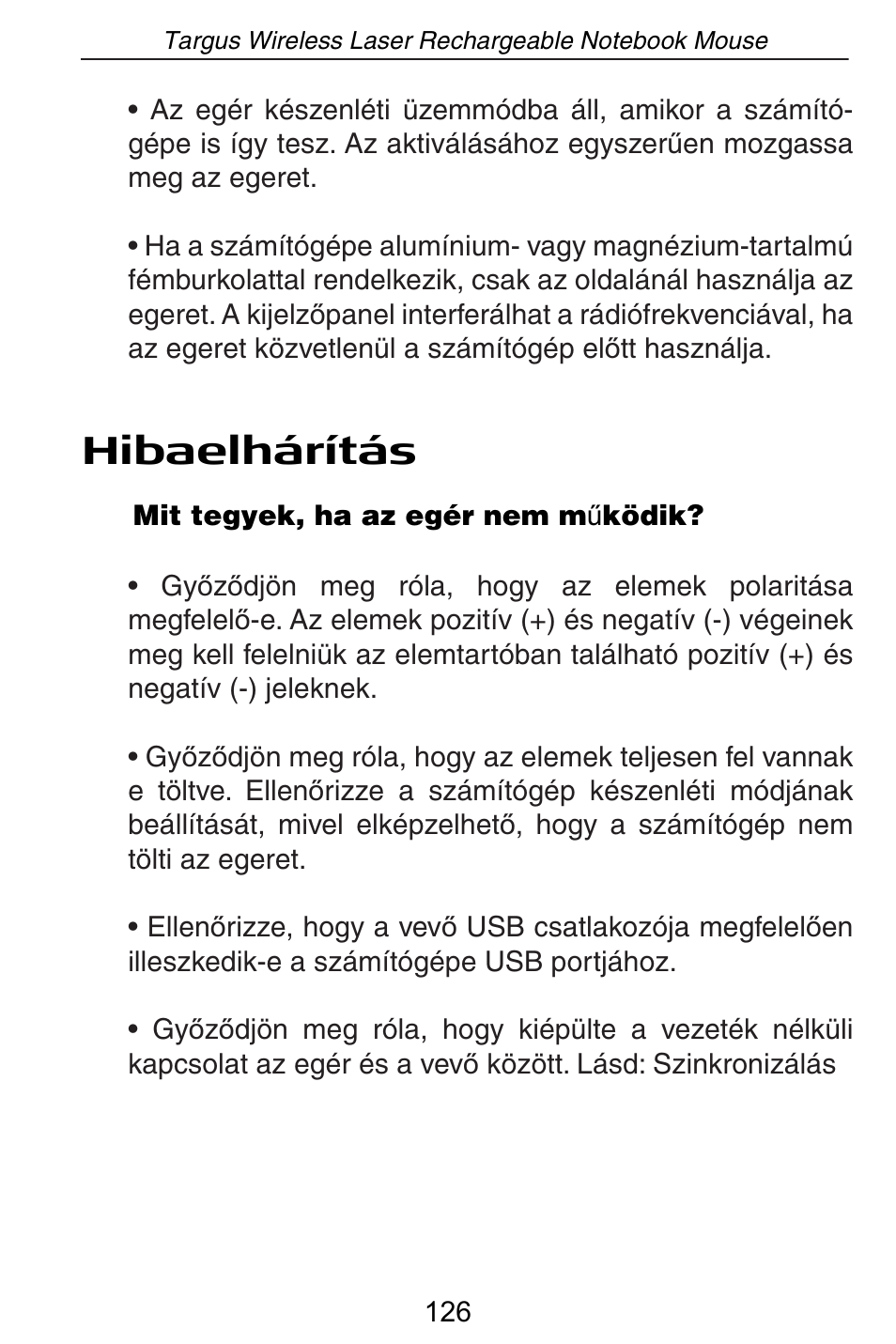 Hibaelhárítás | Targus AMW15EU User Manual | Page 126 / 259