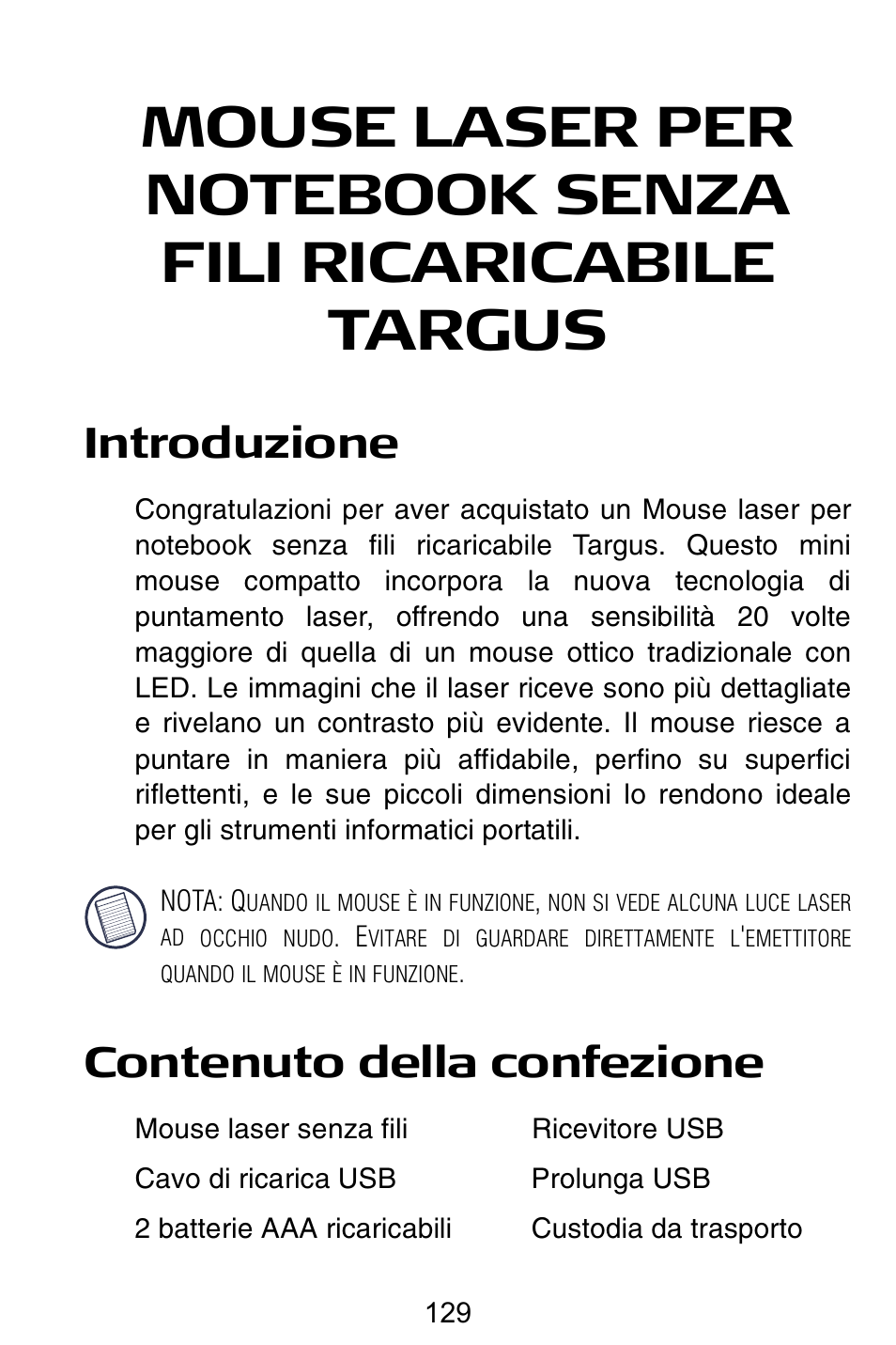 It – italiano, Introduzione, Contenuto della confezione | Targus AMW15EU User Manual | Page 129 / 259
