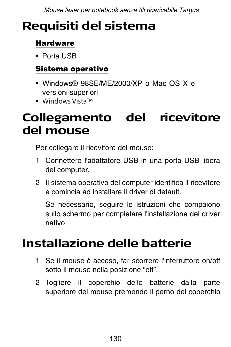 Requisiti del sistema, Collegamento del ricevitore del mouse, Installazione delle batterie | Targus AMW15EU User Manual | Page 130 / 259